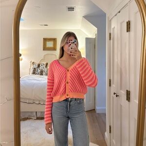 Pink and Orange striped button down sweater